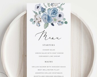 Dusty Blue Wedding Menu Template, Blue Floral Wedding Menu, Dusty Blue Menu Digital Download, Dusty Blue Table Decor, Sky Blue, DB1