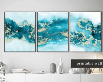 Teal Wall Art Set of 3, Turquoise Wall Art, Aqua Blue Green Wall Art Set of 3, Abstract Blue Wall Art Printable, Teal Art Prints, Digital