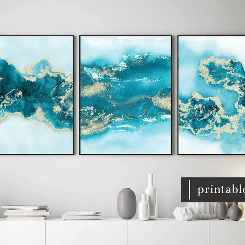 Teal Wall Art Set of 3 Turquoise Wall Art Aqua Blue Green Etsy