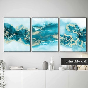 Teal Wall Art Set of 3, Turquoise Wall Art, Aqua Blue Green Wall Art Set of 3, Abstract Blue Wall Art Printable, Teal Art Prints, Digital