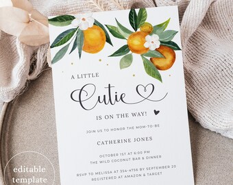 Plantilla de invitación de Cutie Baby Shower, Descarga digital de invitación de baby shower naranja, Plantilla de Baby Shower Clementine Citrus, O1