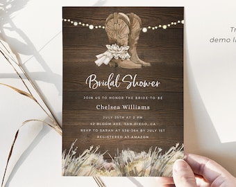 Country Bridal Shower Invitation Template, Rustic Bridal Shower Invitation Instant Download, Western Cowgirl Boots Bridal Shower Invitation