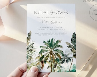 Tropical Bridal Shower Invitation Template, Palm Bridal Shower Invitaiton, Beach Bridal Shower Invite, Digital Download, Tropical Wedding