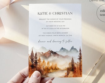 Fall Wedding Invitation Template Download, Editable, Mountain Wedding Invitation Suite, Fall Forest Wedding Invitation, Autumn Wedding