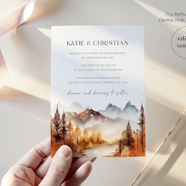 Fall Wedding Invitation Template Download, Editable, Mountain Wedding Invitation Suite, Fall Forest Wedding Invitation, Autumn Wedding