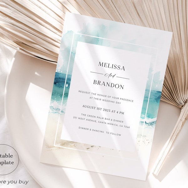 Beach Wedding Invitation Download, Beach Wedding Invitation Template Digital, Ocean Wedding Invitation Set, Sea Wedding Invitation, S2