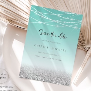 Teal Save the Date, Blue Silver Save the Date Printable, Turquoise Save the Date Card, Silver Aqua Blue Save the Date Postcard, T11