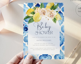 Lemon Baby Shower Invitation, Citrus Baby Shower Invitation Digital Download, Blue Tile Mediterranean Baby Shower Invitation Template