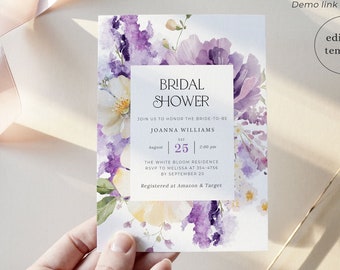 Purple Bridal Shower Invitation Template, Spring Floral Bridal Shower Invitations Digital, Violet Lilac Bridal Shower Invitation Download