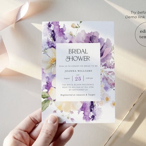 Purple Bridal Shower Invitation Template, Spring Floral Bridal Shower Invitations Digital, Violet Lilac Bridal Shower Invitation Download image 1