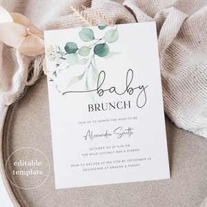 Greenery Baby Brunch Invitation Template, Editable Baby Brunch Invitation for Boy or Girl, Baby Brunch Shower Invite Digital Download, E1 image 1