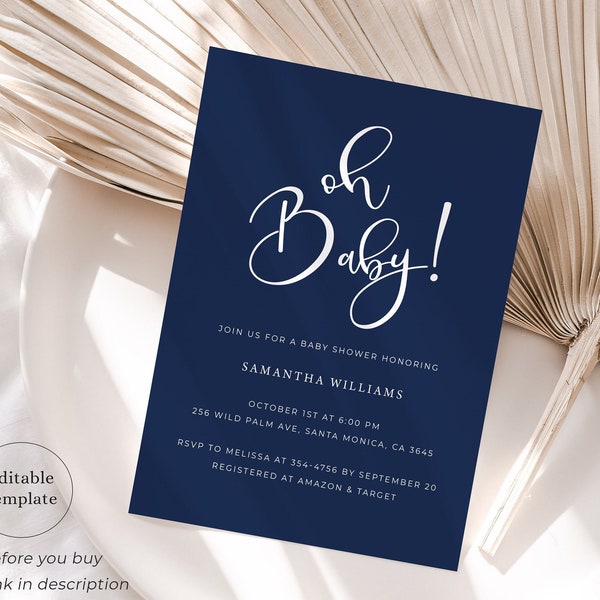 Navy Blue Baby Shower Invitation Template, Boy Baby Shower Invitation Digital, Baby Brunch Sprinkle, Editable Baby Shower Invitation Boy, NB