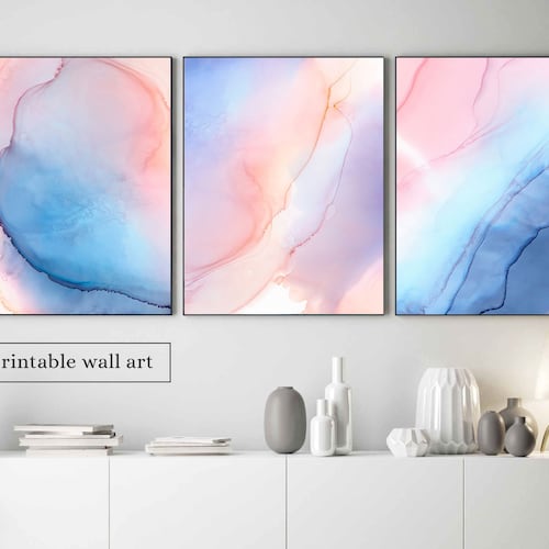 Blue and Pink Wall Art Set of 3 Modern Abstract Wall Art Set - Etsy