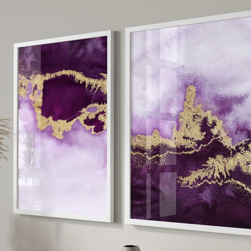 Purple Gold Wall Art Abstract Purple Wall Art Set of 2 Etsy