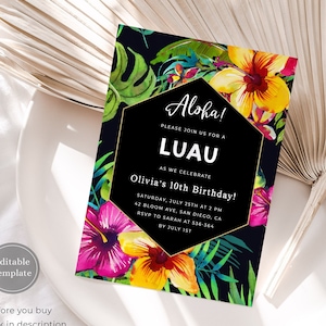 Hawaiian Birthday Invitation Template, Luau Party Invitation, Tropical Birthday Invitation Instant Download, Aloha Tiki Party Invitation, H2