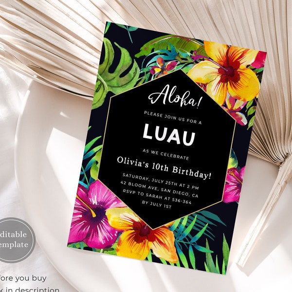 Hawaiian Birthday Invitation Template, Luau Party Invitation, Tropical Birthday Invitation Instant Download, Aloha Tiki Party Invitation, H2