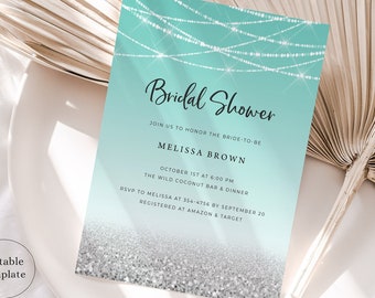 Teal Bridal Shower Invitation Template, Silver Glitter Bridal Shower, Aqua Silver Blue Bridal Shower, Turquoise Bridal Shower Invite, T11