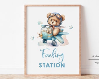 Airplane Fueling Station Sign, Airplane Baby Shower Signs, Travel Airplane Party Decorations, Teddy Bear Aviator Baby Shower, A2