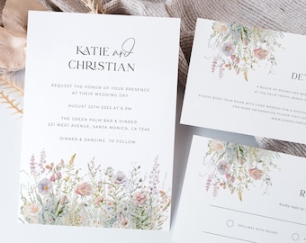 Garden Wedding Invitation Suite, Wildflower Wedding Invitation Template, Wild Flowers Wedding Invitation Download, Rustykalne, kwiatowe wesele