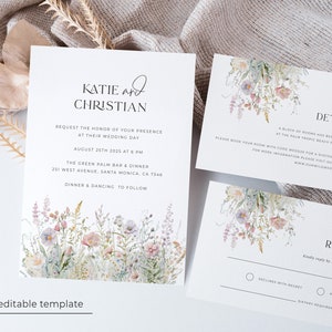 Garden Wedding Invitation Suite, Wildflower Wedding Invitation Template, Wild Flowers Wedding Invitation Download, Rustic Floral Wedding image 1