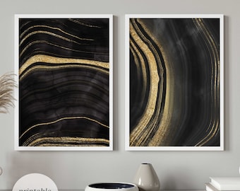 Juego de 2 piezas de arte mural en negro y dorado, juego de 2 piezas de arte mural de mármol, arte mural moderno para dormitorio, impresiones abstractas en negro y dorado, impresiones digitales
