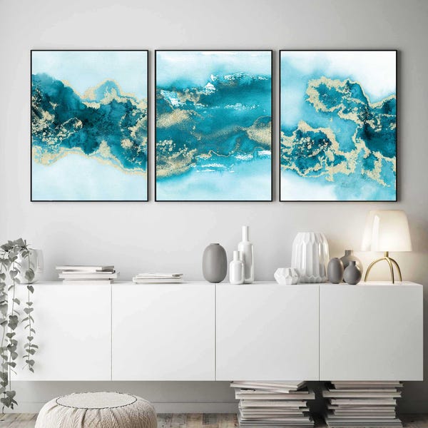 Teal Wall Art Set of 3, Turquoise Wall Art, Aqua Blue Green Wall Art Set of 3, Abstract Blue Wall Art Printable, Teal Art Prints, Digital