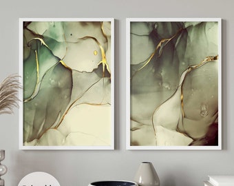 Green Gold Wall Art, Abstract Green and Gold Prints, Modern Green Wall Art Set, Green Wall Art Printable, Green Bedroom Wall Art Set of 2