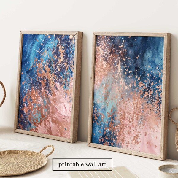 Navy Pink Wall Art Set, Abstract Prints Set of 2, Blue Pink Rose Gold Wall Art, Modern Bedroom Wall Art Set, Abstract Colorful Prints Set