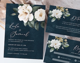 Botanical Dark Wedding Invitation Template, Magnolia Floral Wedding Invitation Suite, Moody Wedding Invitation, Dark Floral Wedding Set