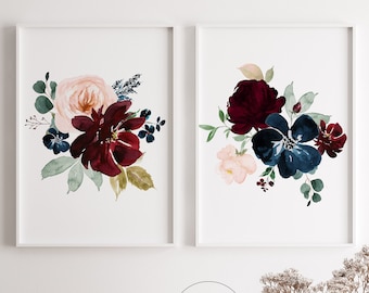 Arte de pared azul burdeos imprimible, arte de pared floral burdeos, juego de 2 arte de pared floral de acuarela, impresiones botánicas, arte imprimible de acuarela