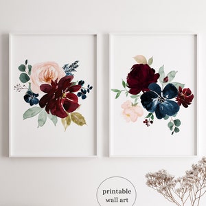 Blue Burgundy Wall Art Printable, Floral Burgundy Wall Art, Watercolor Floral Wall Art Set of 2, Botanical Prints, Watercolor Printable Art