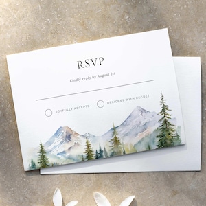 Téléchargement de modèle de Rsvp montagne, suite de faire-part de mariage forêt, mariage de pin, mariage rustique, mariage boisé M4