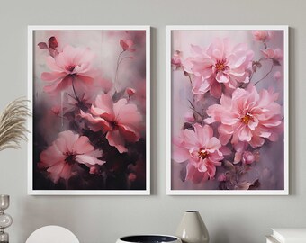 Pink Floral Wall Art Set of 2, Peony Wall Art, Pink Botanical Prints, Modern Botanical Wall Art, Floral Botanical Art Prints, Downloadable