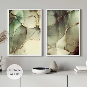 Green Gold Wall Art, Abstract Green and Gold Prints, Modern Green Wall Art Set, Green Wall Art Printable, Green Bedroom Wall Art Set of 2