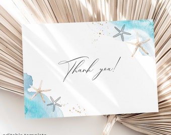 Beach Wedding Thank You Cards Template, Ocean Thank You Cards, Beach Bridal Shower Thank You Card, Shells Sea Thank You Cards, B10