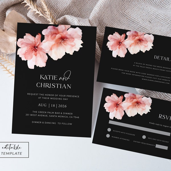 Black and Pink Wedding Invitation Template, Black Wedding Invitation Suite, Dark Moody Wedding Invitation, Pink Floral Wedding Set