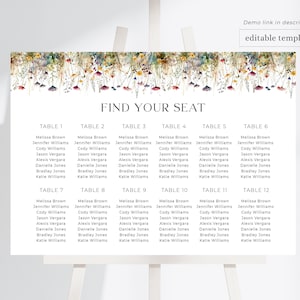 Wildflower bruiloft zitplaatsen grafiek sjabloon, Wildflower zitplaatsen grafiek downloaden, Boho bloemen bruiloft zitplaatsen kaart, zitplaatsen plan teken, WF3