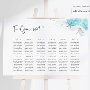 Plantilla de tabla de asientos para bodas en la playa, tabla de asientos en Shell Ocean, tarjeta de asientos para bodas en el mar, letrero de plan de asientos, descarga editable, B10