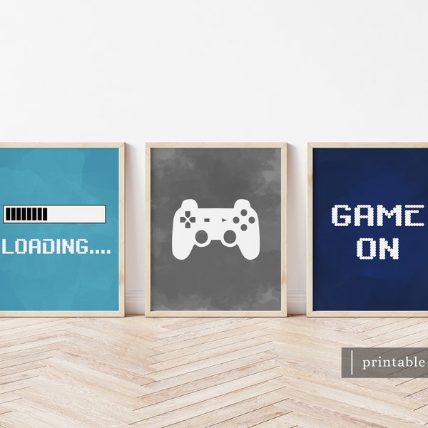 Video Game Wall Art, Gaming Wall Art Set of 3, Blue Gray Nursery Prints for Boy, Gaming Prints Set, Gaming Room Decor, Video Game Party