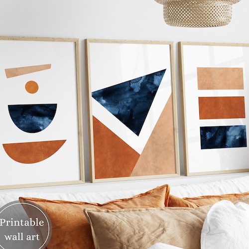 Blue Burnt Orange Wall Art Set of 3 Mid Century Modern Art Etsy