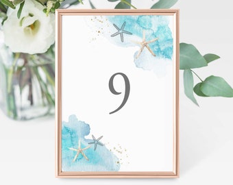 Beach Wedding Table Numbers Printable, 5x7, Beach Wedding Signs, Ocean Wedding Table Numbers, Sea Shell Wedding Table Numbers, B10