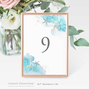 Beach Wedding Table Numbers Printable, 5x7, Beach Wedding Signs, Ocean Wedding Table Numbers, Sea Shell Wedding Table Numbers, B10