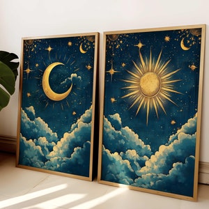 Vintage Celestial Wall Art Set, Sun and Moon Art, Celestial Wall Art, Cosmic Art, Crescent Moon, Celestial Decor, Mystical Art Prints