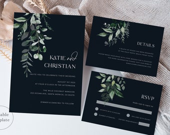 Botanical Wedding Invitation Template, Black Wedding Invitation Suite, Emerald Greenery Wedding Invitation, Dark Moody Wedding, D2