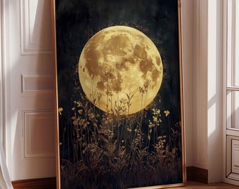 Art floral lunaire, impressions célestes vintage, art pleine lune, impression académique sombre, cottagecore, art d'humeur ésotérique, art lunaire vintage