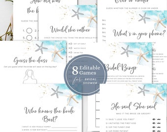 Beach Bridal Shower Games, Editable Template, Ocean Bridal Shower Games Bundle, Sea Shell Bridal Shower Games, Coastal Bridal Shower, B10