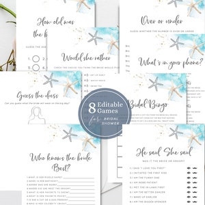 Beach Bridal Shower Games, Editable Template, Ocean Bridal Shower Games Bundle, Sea Shell Bridal Shower Games, Coastal Bridal Shower, B10