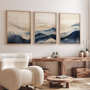 Abstract Blue Wall Art Set of 3, Neutral Prints Set, Modern Neutral Wall Art Set, Blue Wall Art Printable, Beige Blue Bedroom Art Prints