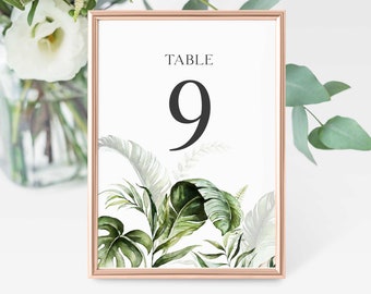 Tropical Wedding Table Numbers Template, Greneery Wedding Table Numbers, 5x7, 4x6, Editable, Elegant Botanical Wedding Table Numbers