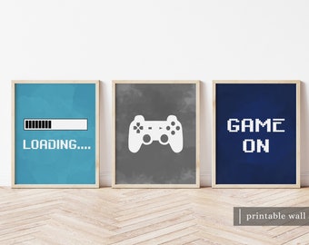 Video Game Wall Art, Gaming Wall Art Set of 3, Blue Gray Nursery Prints for Boy, Gaming Prints Set, Gaming Room Decor, Video Game Party